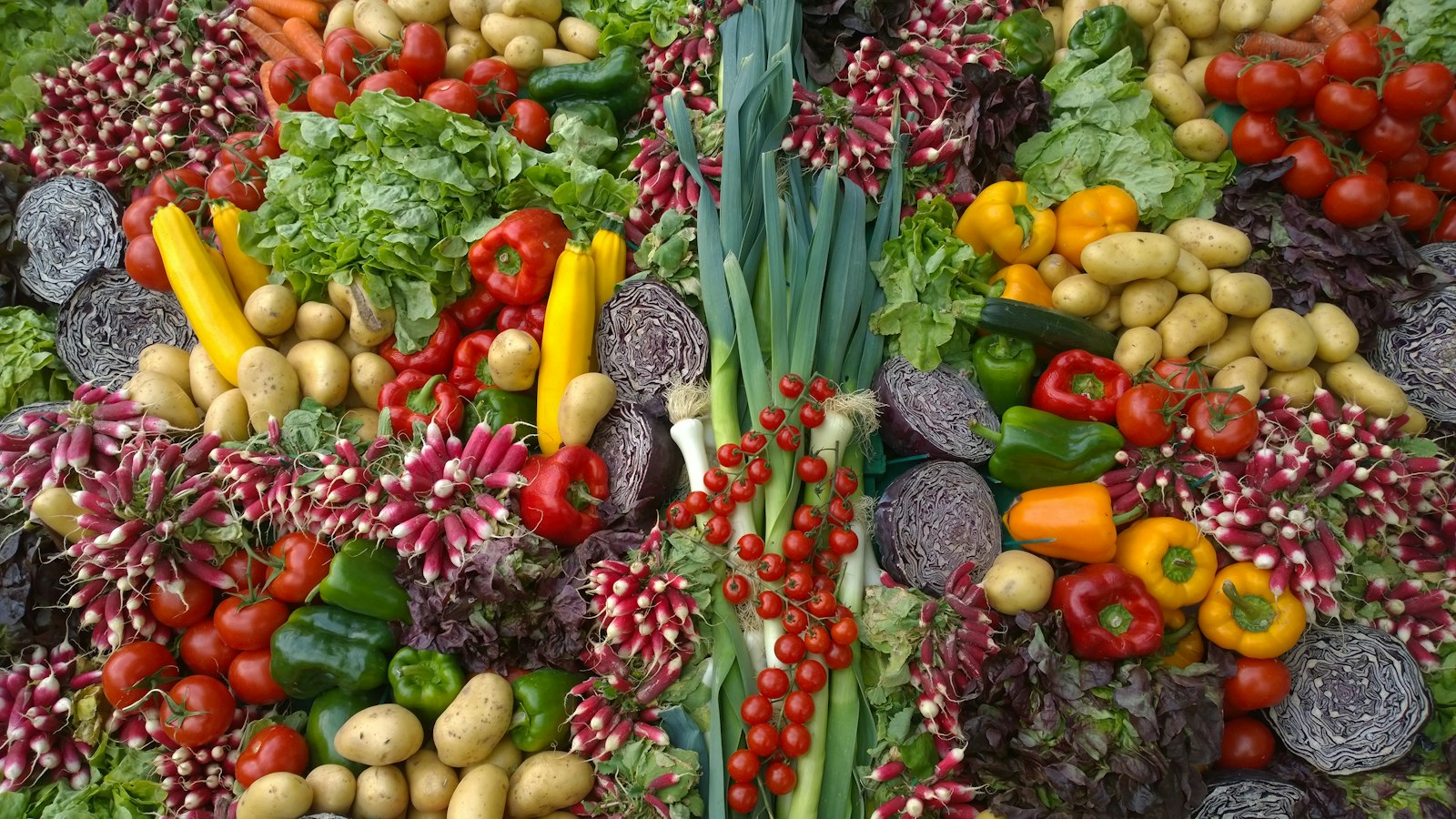 A colourful spread of fresh vegetables including peppers, greens and tomatoes